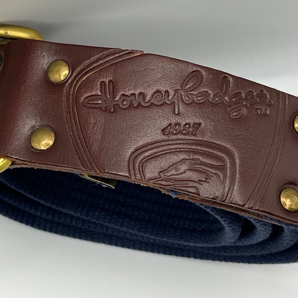 Honey Badger Brown Leather & Navy Blue Web D-Ring Belt | One Size - Picture 1 of 2